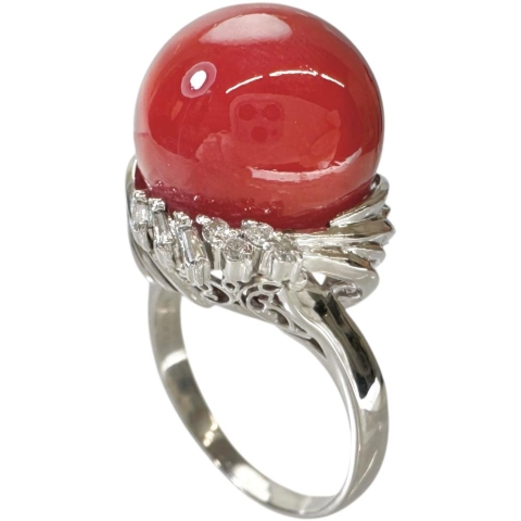 18号 丸玉血赤サンゴ（珊瑚）14.4mm リング・指輪 Pt900プラチナ 13.1g レディース【中古】【真子質店】【NN】【IxMaD】