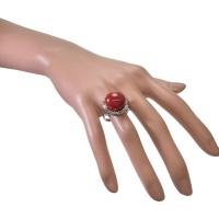 18号 丸玉血赤サンゴ（珊瑚）14.4mm リング・指輪 Pt900プラチナ 13.1g レディース【中古】【真子質店】【NN】【IxMaD】