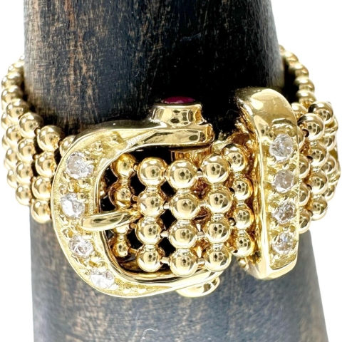 18号 ベルトモチーフ ダイヤモンド 0.08ct ルビー 0.05ct リング・指輪 K18ゴールド 18金 4.9g レディース【中古】【真子質店】【NN】【SxT】