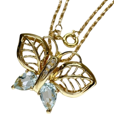 蝶/バタフライモチーフ アクアマリン ダイヤモンド ネックレス K18ゴールド 18金 5.4g 40cm レディース【中古】【真子質店】【NN】【SDY】