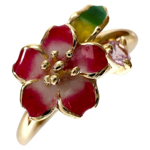 11号 エナメル フラワー 花　 ピンクサファイア 0.08ct リング・指輪 K18ゴールド 18金 2.5g レディース【中古】【真子質店】【NN】【DIMi】